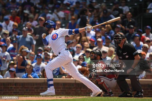 Kris Bryant of the Chicago Cubs hits a two-run home run against the Arizona Diamondbacks at Wrigley Field on July 25, 2021 in Chicago, Illinois.