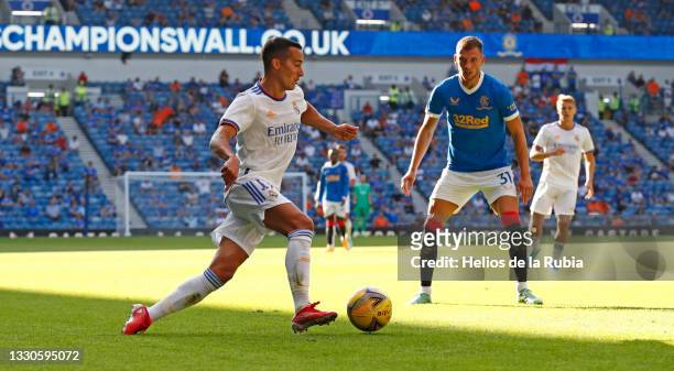 Lucas Vázquez of Real Madrid in action during friendly match between Real Madrid CF and Rangers at Ibrox Stadium on July 25, 2021 in Glasgow,...