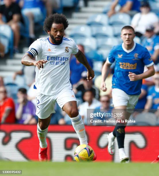 Marcelo Silva of Real Madrid in action during friendly match between Real Madrid CF and Rangers at Ibrox Stadium on July 25, 2021 in Glasgow,...