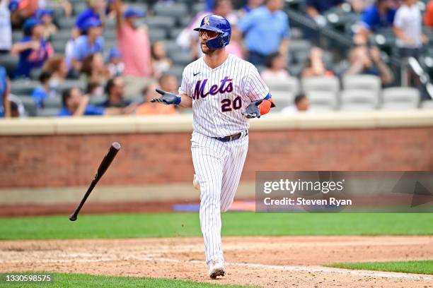 Pete Alonso of the New York Mets celebrates after hitting a two-run home run against the Toronto Blue Jays during the sixth inning at Citi Field on...