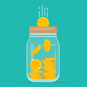 Glass money jar full of gold coins. Symbol of wealth. Business success. Vector illustration. Web banner.