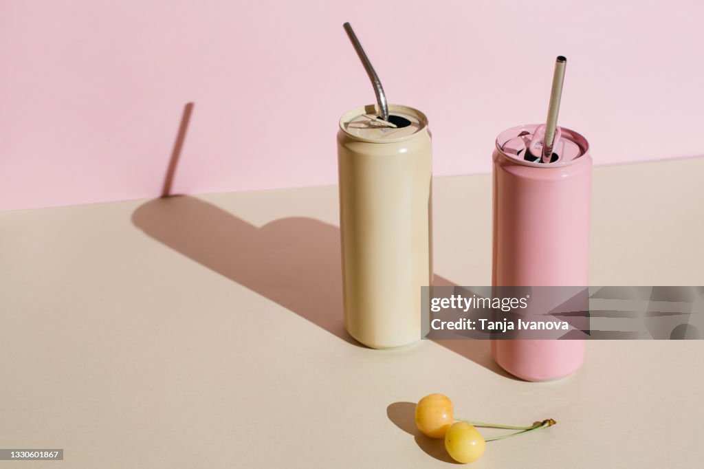 Pink And Beige Aluminum Drink Can With Reusable Stainless Steel