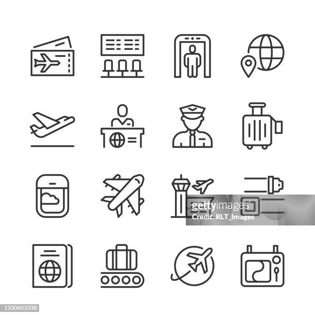 ilustraciones, imágenes clip art, dibujos animados e iconos de stock de iconos de viajes aéreos — serie monoline - conserje