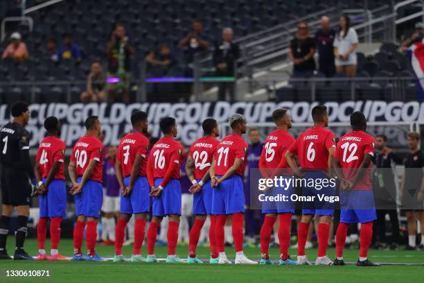 Costa Rica players stand for their national anthem before to the a quarterfinal match between Costa Rica and Canada as part of 2021 CONCACAF Gold Cup...