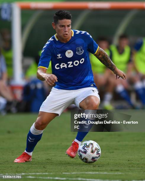 James Rodríguez of Everton FC handles the ball during the first half of the Florida Cup at Camping World Stadium on July 25, 2021 in Orlando, Florida.
