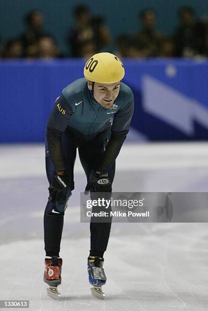 Steven Bradbury of Australia makes it through to the semifinals after competing in the men's 500m speed skating quarterfinals during the Salt Lake...