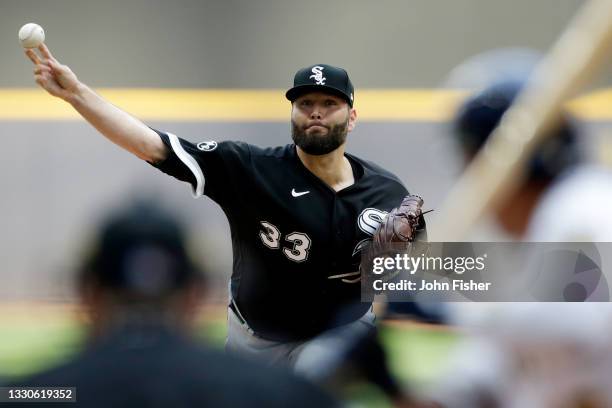Lance Lynn of the Chicago White Sox throws a pitch in the first inning against the Milwaukee Brewers at American Family Field on July 25, 2021 in...