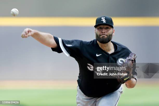 Lance Lynn of the Chicago White Sox throws a pitch in the first inning against the Milwaukee Brewers at American Family Field on July 25, 2021 in...