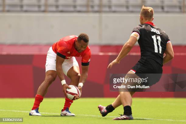 Dan Norton of Team Great Britain scores a try on day three of the Tokyo 2020 Olympic Games at Tokyo Stadium on July 26, 2021 in Chofu, Tokyo, Japan.