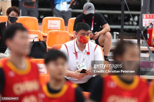 Yao Ming, President of Chinese Basketball Association looks on day three of the Tokyo 2020 Olympic Games at Aomi Urban Sports Park on July 26, 2021...