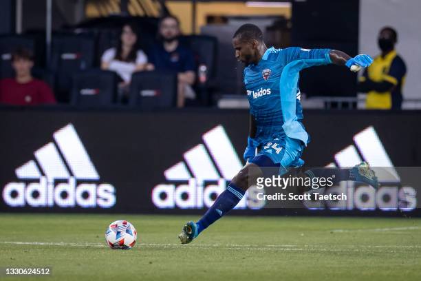 Bill Hamid of D.C. United kicks the ball during the first half of the MLS game against the New York Red Bulls at Audi Field on July 25, 2021 in...