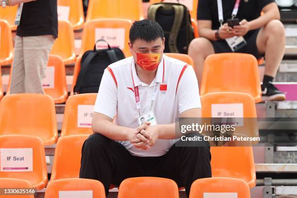 Yao Ming, President of Chinese Basketball Association looks on day three of the Tokyo 2020 Olympic Games at Aomi Urban Sports Park on July 26, 2021...