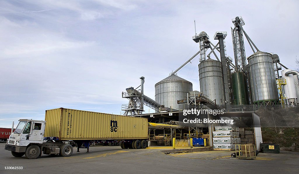 Soybeans are loaded into a tractor trailer at a DeLong Co. facility ...