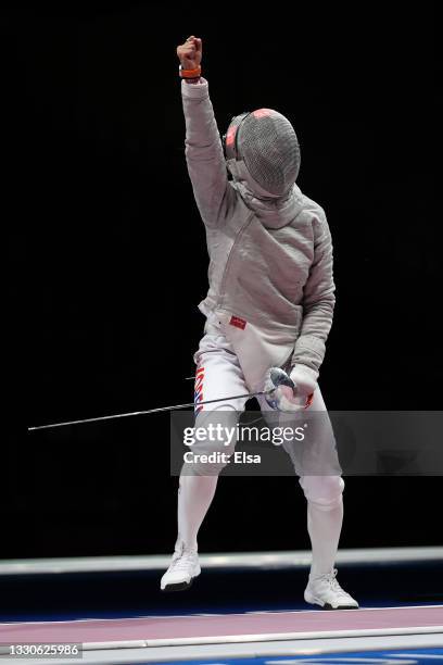 Jiyeon Kim of Team South Korea celebrates a point against Nada Hafez of Team Egypt in Women's Sabre Individual second round on day three of the Tokyo...