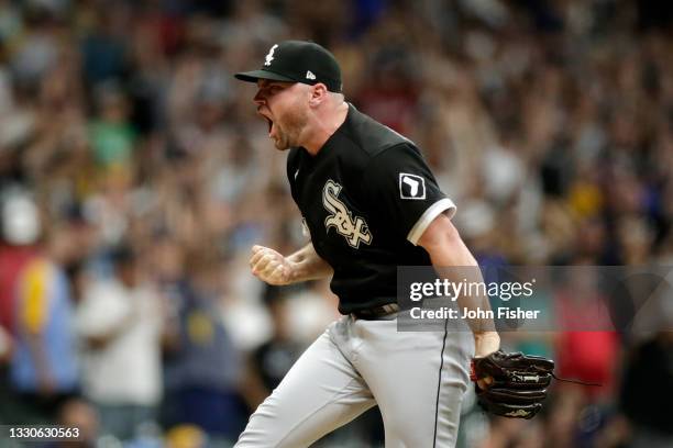 Liam Hendriks of the Chicago White Sox reacts after the final out against the Milwaukee Brewers at American Family Field on July 25, 2021 in...