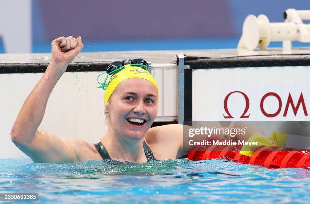 Ariarne Titmus of Team Australia reacts after winning the gold medal in the Women's 400m Freestyle Final on day three of the Tokyo 2020 Olympic Games...