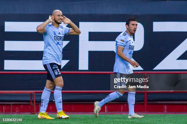 Carlos Gonzalez of Tigres celebrates after scoring the first goal of his team during the 1st round match between Club Tijuana and Tigres UANL as part...