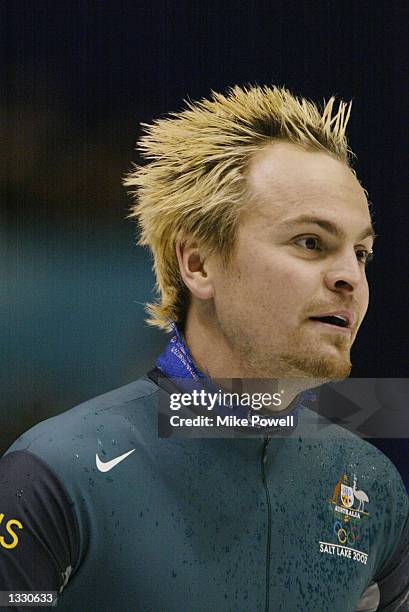 Steven Bradbury of Australia looks on after competing in the men's 500m speed skating heats during the Salt Lake City Winter Olympic Games on...