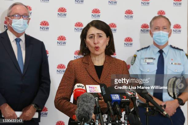 Premier Gladys Berejiklian speaks during a COVID-19 update and press conference on July 26, 2021 in Sydney, Australia. Lockdown restrictions remain...