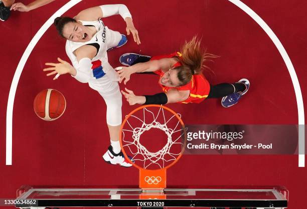 Ji Su Park of Team South Korea goes up for a shot Laura Gil of Team Spain during the second half on day three of the Tokyo 2020 Olympic Games at...
