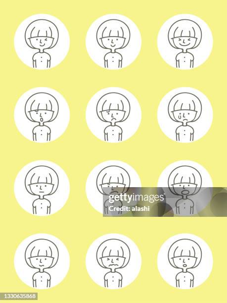 cute avatar icons (facial expression, emoticon) of girls in thin-line style - sadness icon stock illustrations