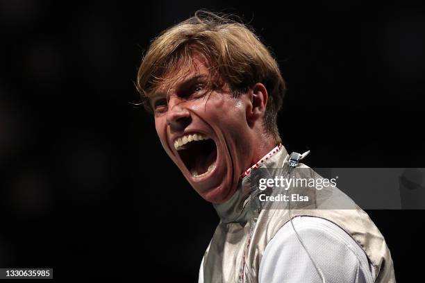 Peter Joppich of Team Germany celebrates after defeating Alexander Massialas of Team United States in Men's Foil Individual second round on day three...