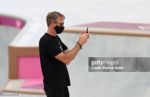 Tony Hawk takes photos during the Women's Street Prelims on day three of the Tokyo 2020 Olympic Games at Ariake Urban Sports Park on July 26, 2021 in...