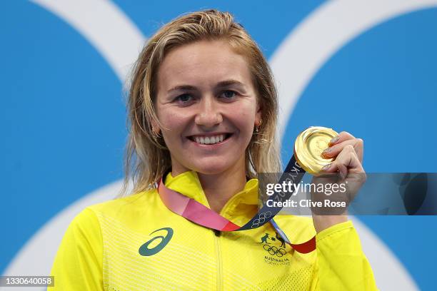 Ariarne Titmus of Team Australia poses with the gold medal for the Women's 400m Freestyle Final on day three of the Tokyo 2020 Olympic Games at Tokyo...