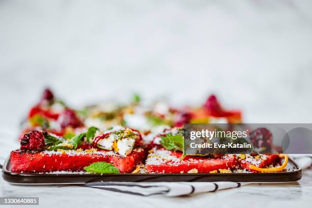 fresh watermelon salad - watermelon basil stock pictures, royalty-free photos & images