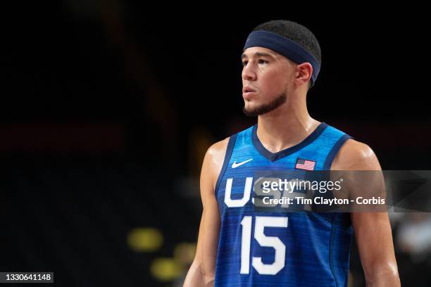Devin Booker of the United States in action during the USA V France basketball preliminary round match at the Saitama Super Arena at the Tokyo 2020...