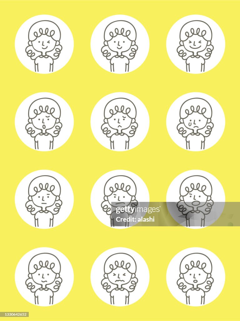 Cute avatar icons (Facial expression, Emoticon) of teenage girls in thin-line style