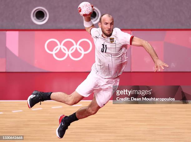 Marcel Schiller of Team Germany shoots at goal during the Men's Preliminary Round Group A match between Argentina and Germany on day three of the...