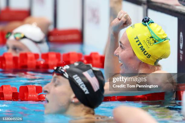 Ariarne Titmus of Team Australia reacts after winning the gold medal in the Women's 400m Freestyle Final on day three of the Tokyo 2020 Olympic Games...