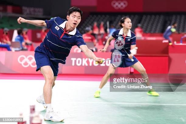 Seo Seungjae and Chae Yujung of Team South Korea compete against Zheng Si Wei and Huang Ya Qiong of Team China during a Mixed Doubles Group A match...