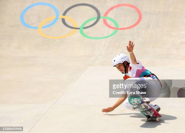 Momiji Nishiya of Team Japan competes during the Women's Street Final on day three of the Tokyo 2020 Olympic Games at Ariake Urban Sports Park on...
