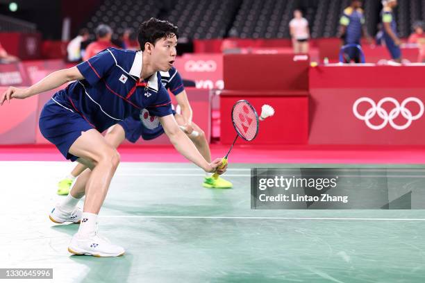 Seo Seungjae and Chae Yujung of Team South Korea compete against Zheng Si Wei and Huang Ya Qiong of Team China during a Mixed Doubles Group A match...