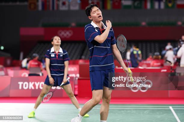 Seo Seungjae and Chae Yujung of Team South Korea react as they compete against Zheng Si Wei and Huang Ya Qiong of Team China during a Mixed Doubles...