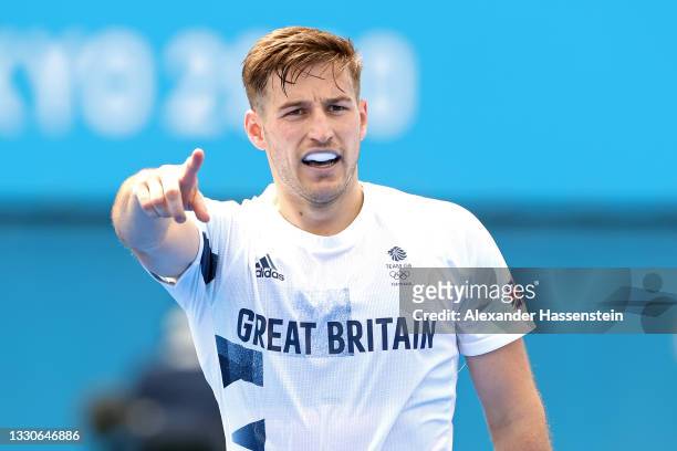 Liam Ansell of Team Great Britain celebrates after scoring a goal against Team Canada during the Men's Preliminary Pool B match on day three of the...