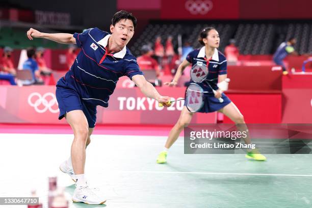Seo Seungjae and Chae Yujung of Team South Korea compete against Zheng Si Wei and Huang Ya Qiong of Team China during a Mixed Doubles Group A match...