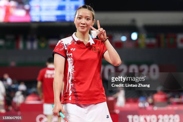 Huang Ya Qiong poses for photo after winning a match between Zheng Si Wei and Huang Ya Qiong of Team China and Seo Seungjae and Chae Yujung of Team...