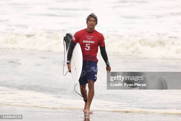 Kanoa Igarashi of Team Japan is pictured after his men's round 3 heat on day three of the Tokyo 2020 Olympic Games at Tsurigasaki Surfing Beach on...