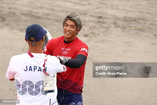 Kanoa Igarashi of Team Japan reacts after his win in the men's round 3 heat on day three of the Tokyo 2020 Olympic Games at Tsurigasaki Surfing Beach...