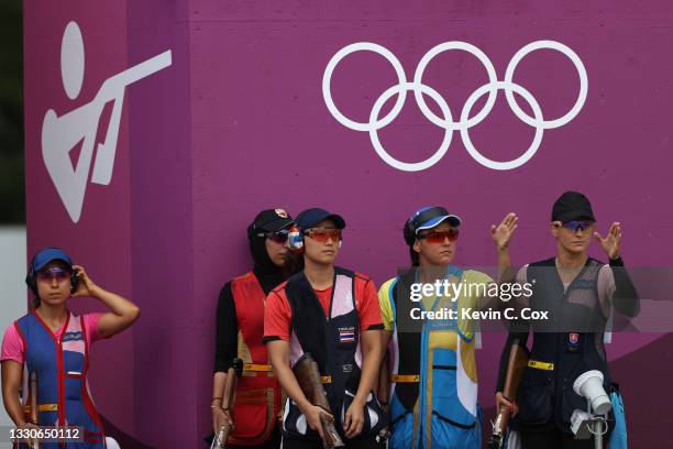 Athletes prepare to start their round during Skeet Women's Qualification on day three of the Tokyo 2020 Olympic Games at Asaka Shooting Range on July...