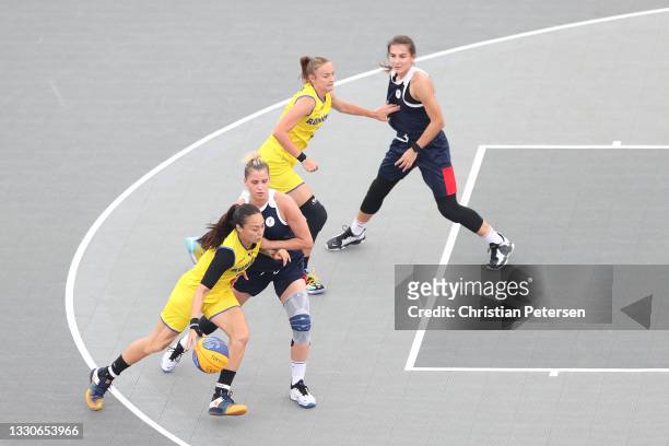 Sonia Ursu of Team Romania handles the ball in the 3x3 Basketball competition on day three of the Tokyo 2020 Olympic Games at Aomi Urban Sports Park...