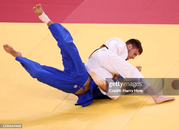 Arthur Margelidon of Team Canada defeats Zhansay Smagulov of Team Kazakhstan during the Men’s Judo 73kg Elimination Round of 32 on day three of the...