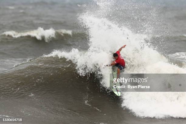 Michel Bourez of Team France surfs during the men's round 3 heat on day three of the Tokyo 2020 Olympic Games at Tsurigasaki Surfing Beach on July...