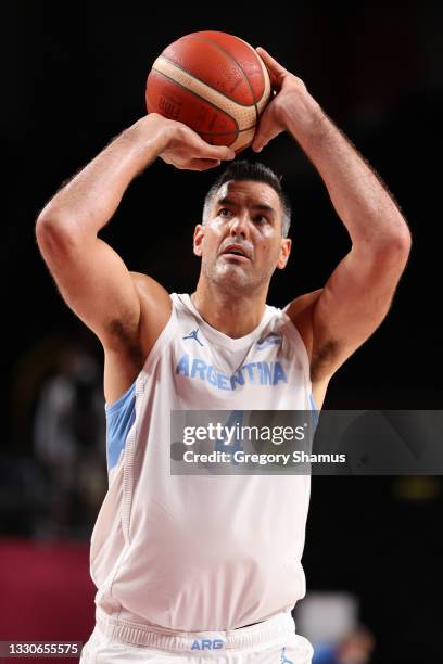 Luis Scola of Team Argentina shoots against Slovenia during the first half on day three of the Tokyo 2020 Olympic Games at Saitama Super Arena on...