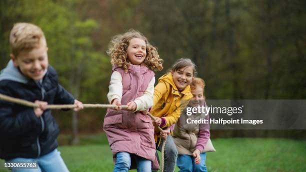 group of school children with teacher in nature, playing outdoors. - mittelgroße personengruppe stock-fotos und bilder