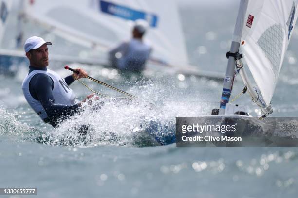 Sam Meech of Team New Zealand competes in the Men's Laser class on day three of the Tokyo 2020 Olympic Games at Enoshima Yacht Harbour on July 26,...