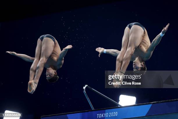 Kevin Berlin Reyes and Jose Balleza Isaias of Team Mexico compete during the Men's Synchronised 10m Platform Final on day three of the Tokyo 2020...